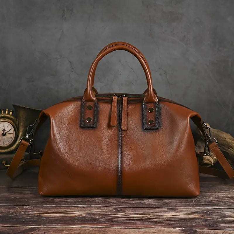 Borsa a mano di ispirazione vintage in pelle marrone per donna